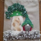 Rag Rug Drawstring Bag with Needle Felting Mushroom and Gnome Design