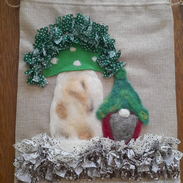 Rag Rug Drawstring Bag with Needle Felting Mushroom and Gnome Design