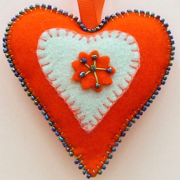 Felt Padded Hanging Heart Beaded - Orange & Green