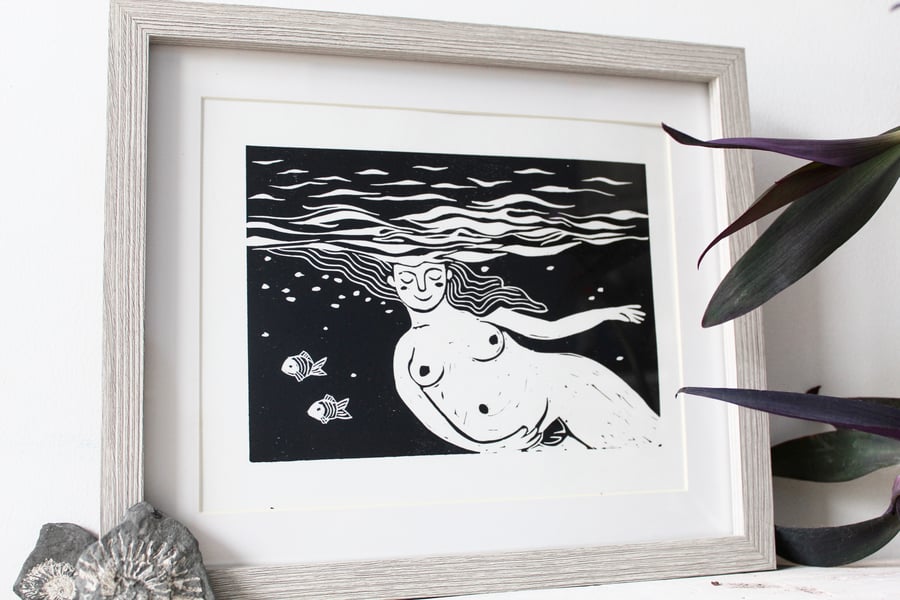 Original pregnancy linocut print art