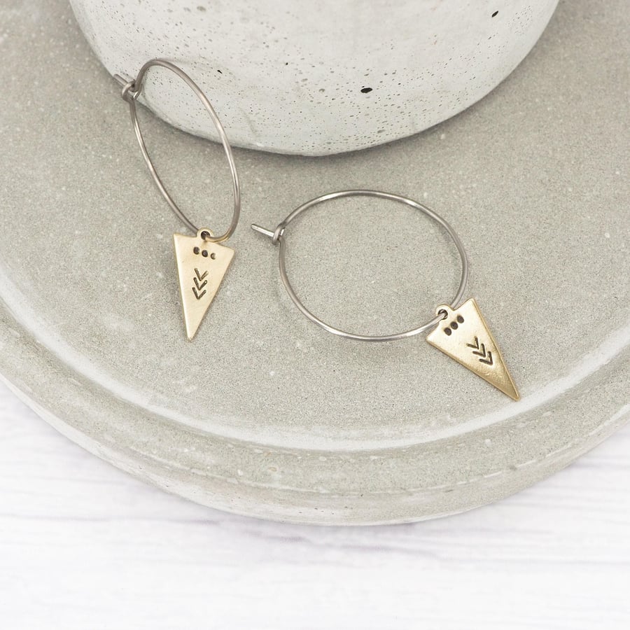 Hypoallergenic titanium hoops - Brass dangle earrings - Hand stamped arrow