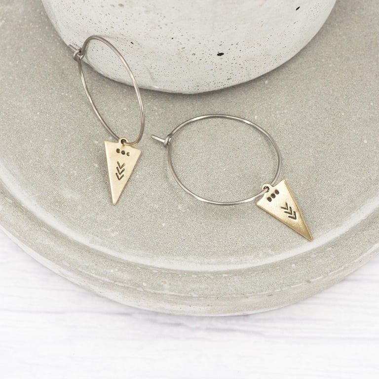Hypoallergenic titanium hoops - Brass dangle earrings - Hand stamped arrow