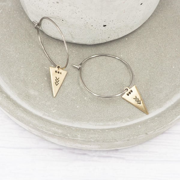 Hypoallergenic titanium hoops - Brass dangle earrings - Hand stamped arrow