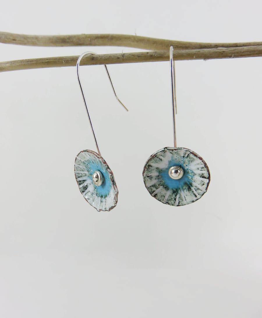 Textured Copper Dangle Earrings with White and Blue Enamel