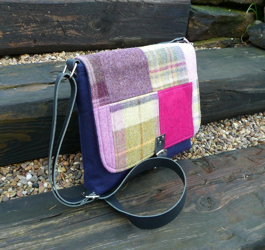 Crossbody bag pink patchwork British wool tweed shoulder bag handbag satchel bag