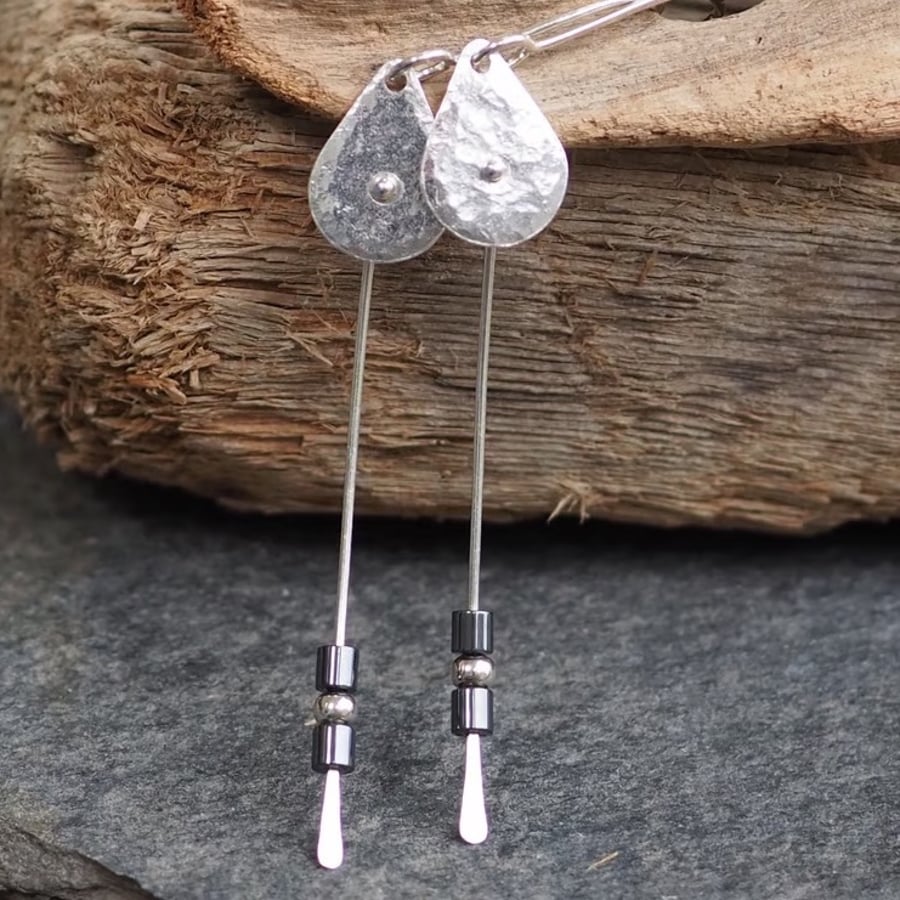 Long Dangly Tear Drop Silver Earrings with Hematite 