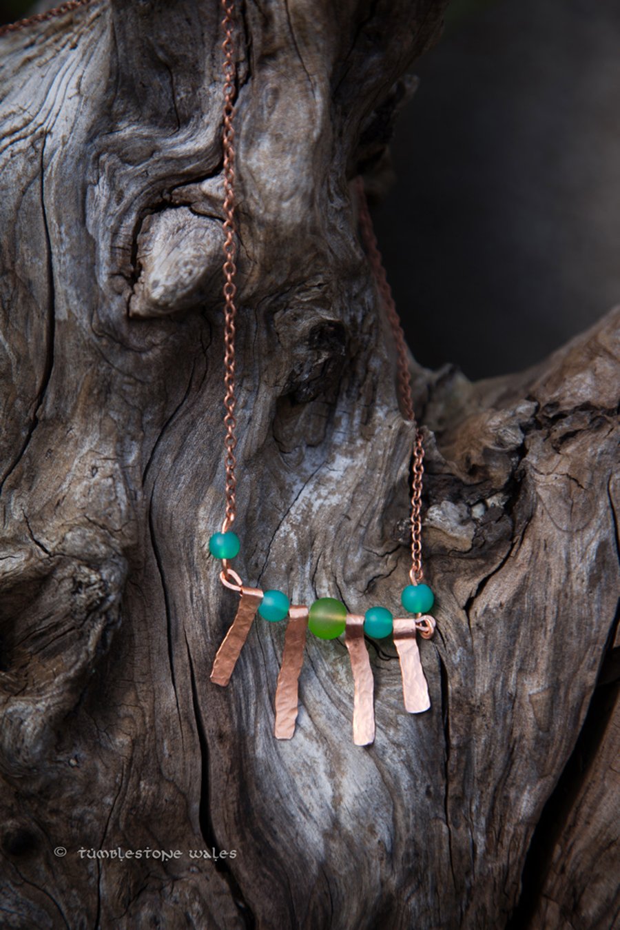 Hammered Copper and Green Glass Bead Necklace