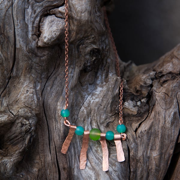 Hammered Copper and Green Glass Bead Necklace