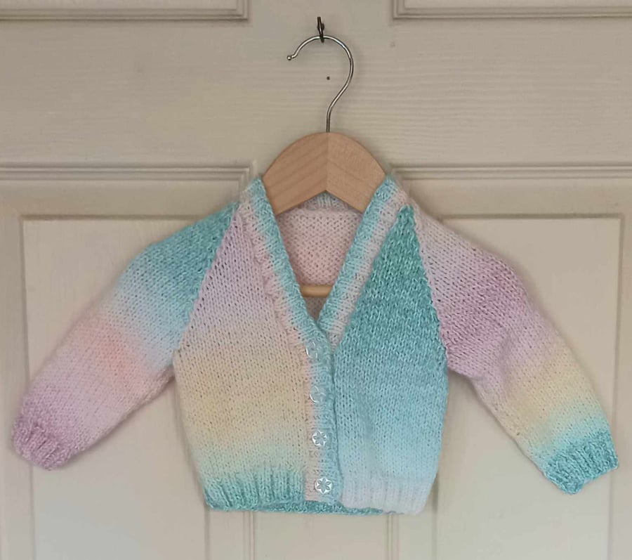Hand knitted v-neck baby cardigan green pink yellow mix approx 0-3 months
