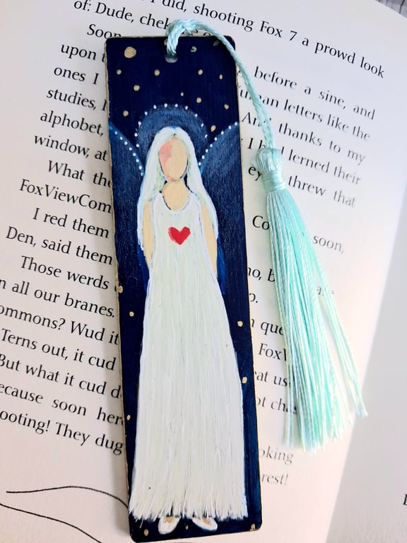 Folk Art Angel Guardian Hand Painted Wooden Bookmark One of a Kind Book Lovers