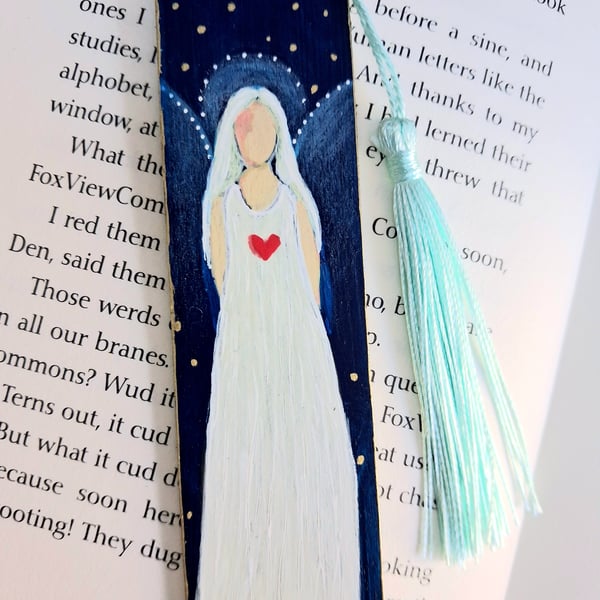 Folk Art Angel Guardian Hand Painted Wooden Bookmark One of a Kind Book Lovers