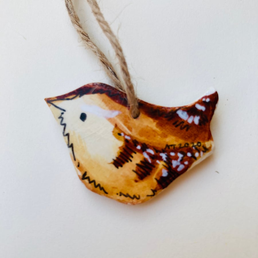 Handmade wren decoration, hanging wooden wren, bird lovers gift
