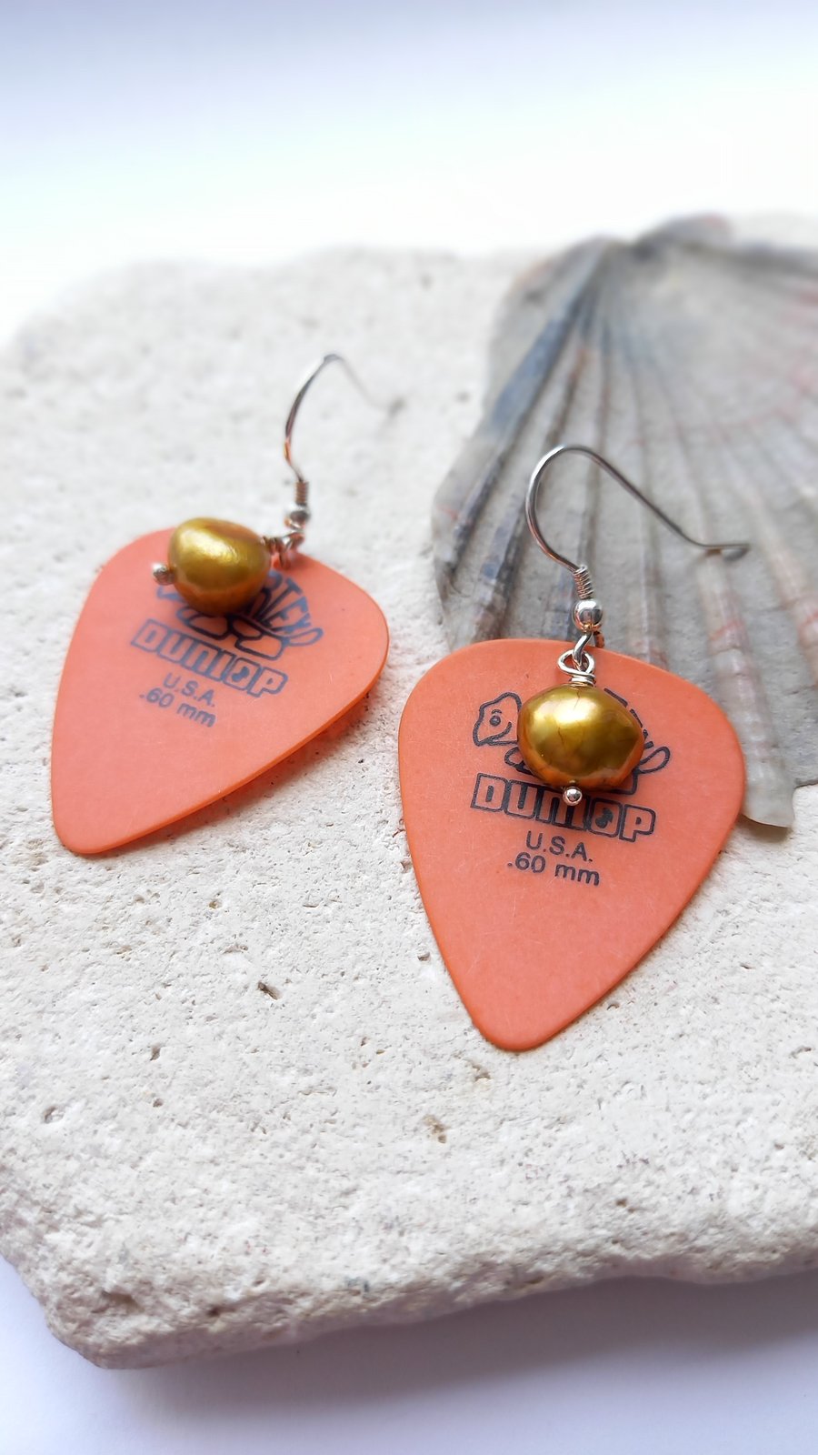 Recycled Orange Plectrum with Yellow Pearls - Silver Hook Earrings 