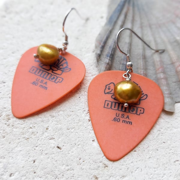 Recycled Orange Plectrum with Yellow Pearls - Silver Hook Earrings 