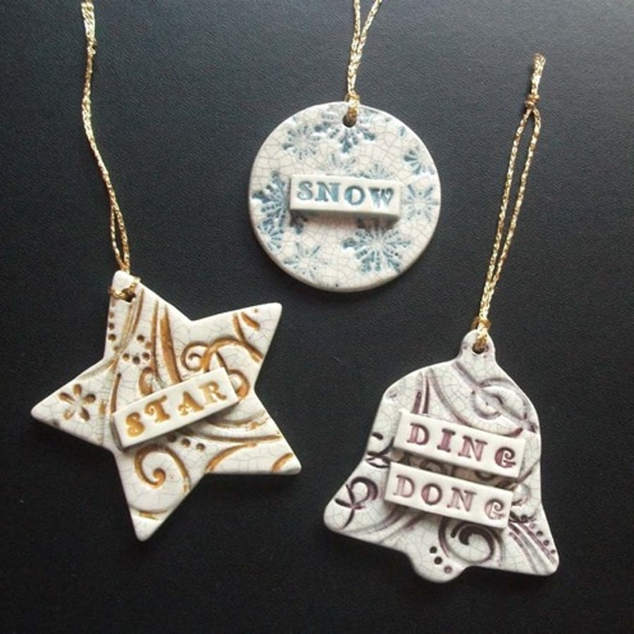 Set of 3 vintage style ceramic Xmas decorations