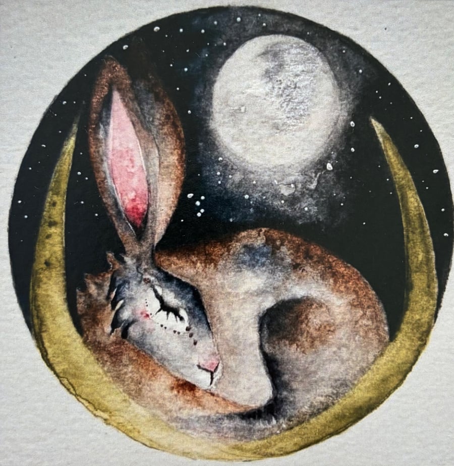 Resting Hare Rabbit in Moonlight Watercolour Print Whimsical Art