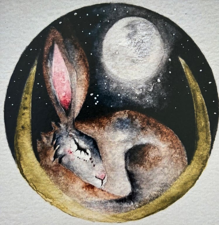 Resting Hare Rabbit in Moonlight Watercolour Print Whimsical Art