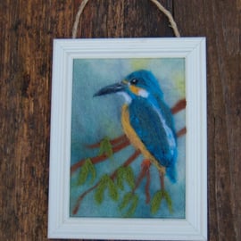 Kingfisher textile art picture, Needle felted, fibre art, 