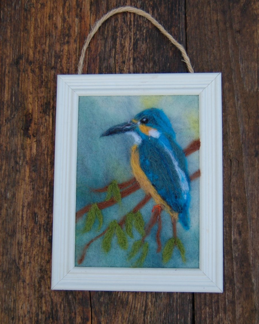 Kingfisher textile art picture, Needle felted, fibre art, 