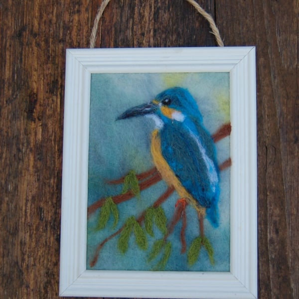 Kingfisher textile art picture, Needle felted, fibre art, 