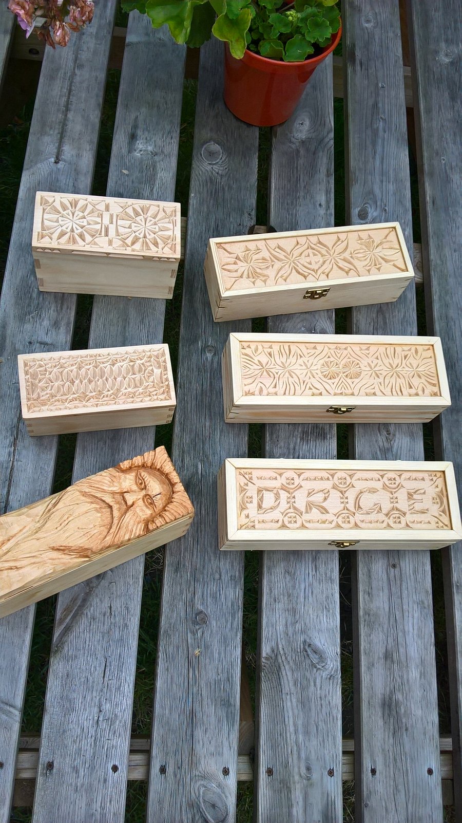 Made to order box, with chip carved lid  and personal Initials and unique design