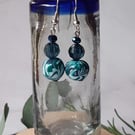 Handmade dangly polymer clay earrings  in aqua, navy and white