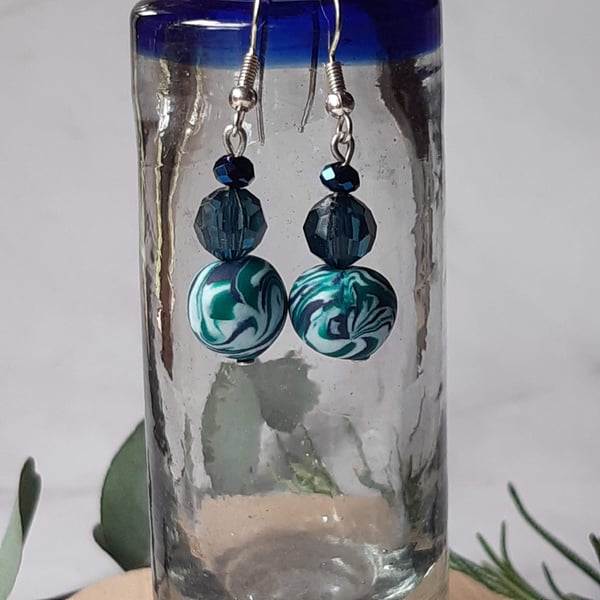Handmade dangly polymer clay earrings  in aqua, navy and white