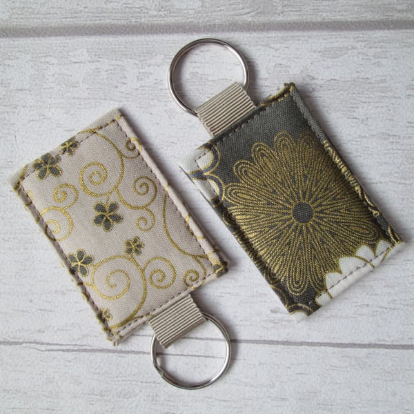 SOLD - Pair of Keyrings, Bag Tags, Taupe Florals, Luggage Tags, Neutral