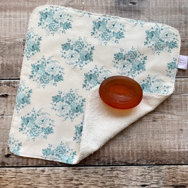 Organic Bamboo Cotton Wash Face Cloth Flannel Tilda Teal Rose Flower Floral