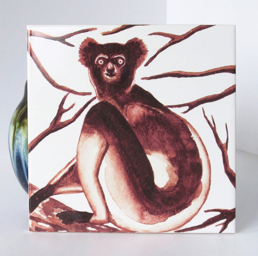 Indri Lemur Design Ceramic Tile Trivet with Cork Backing
