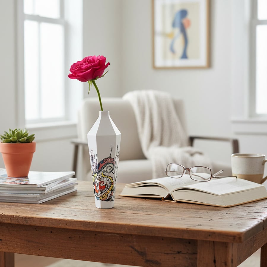 5-Sided Hand Painted Porcelain Bud Vase