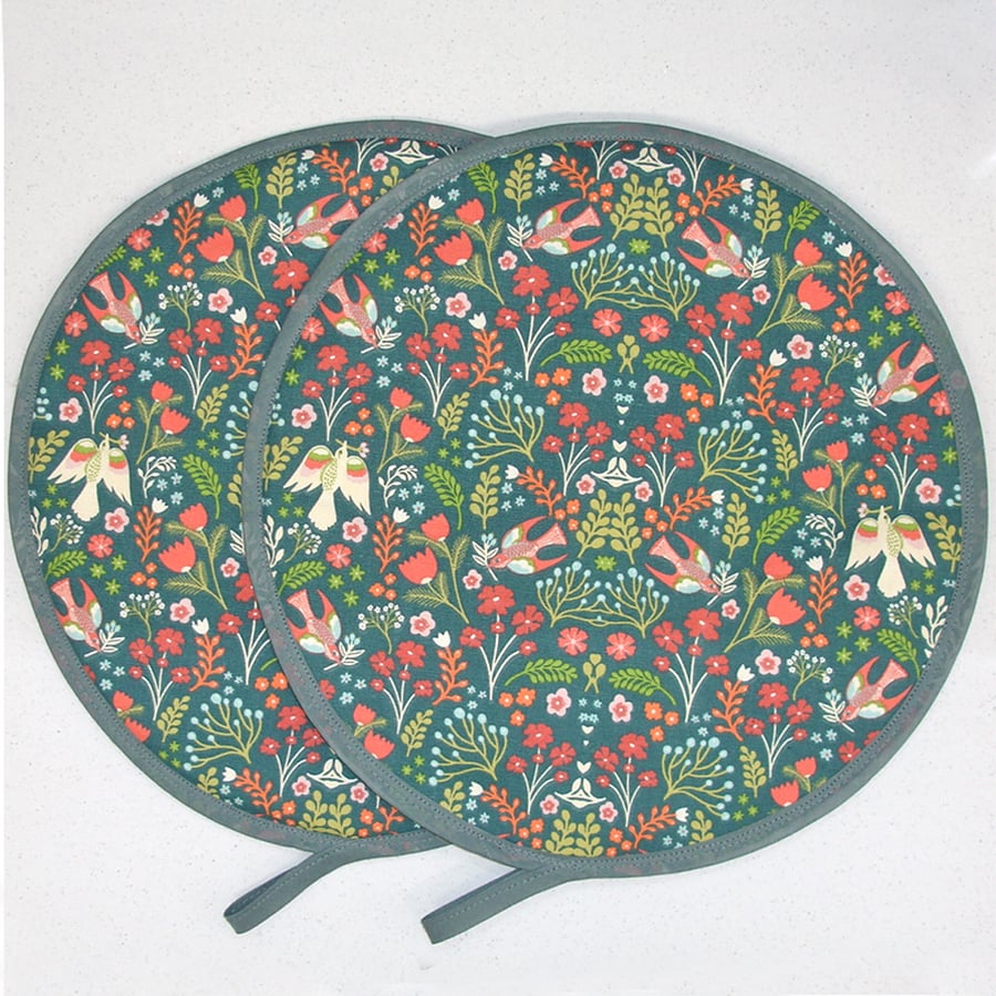Aga Hob Lid Mat Pad Hats Round Covers With Loops Surface Saver Birds Green