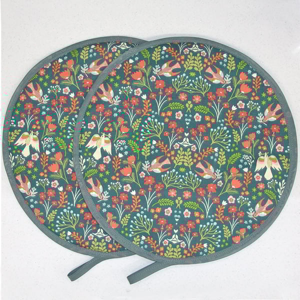 Aga Hob Lid Mat Pad Hats Round Covers With Loops Surface Saver Birds Green