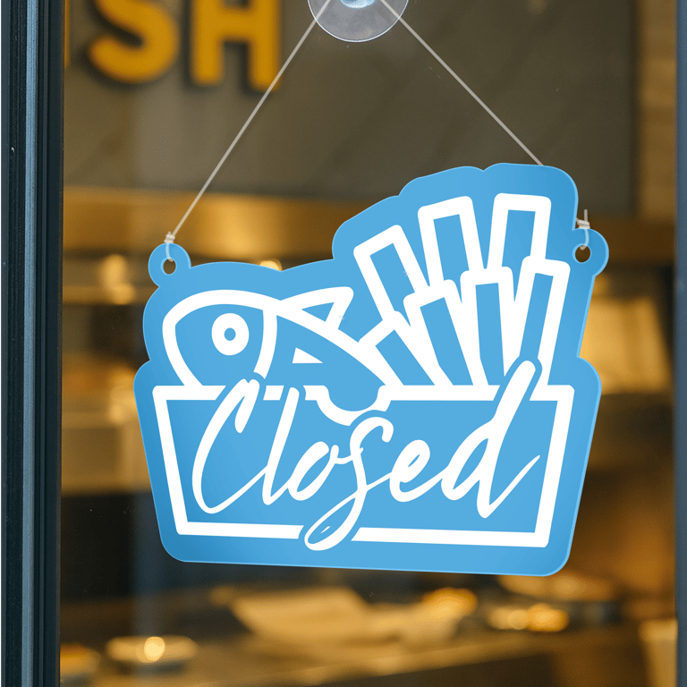 Fish and Chips Open & Closed Sign: Acrylic Double-Sided Hanging Door Sign 