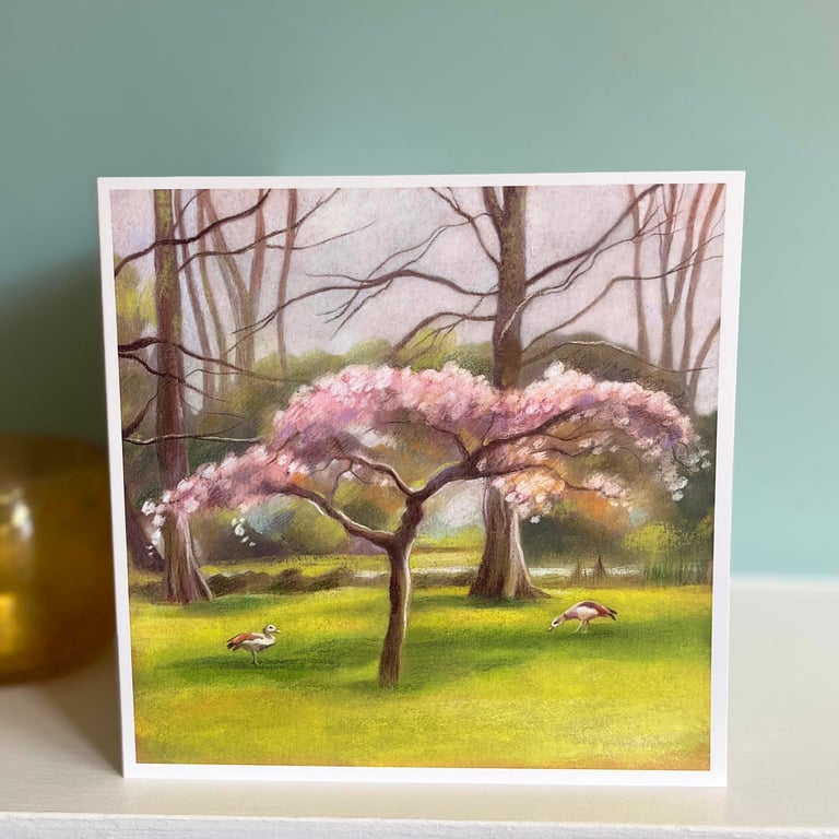 Blossom Tree greeting card - Bushy Park art card, geese art, English park 