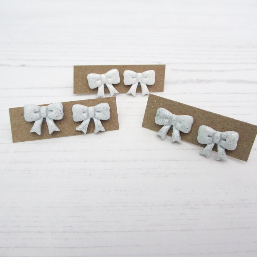 White Glitter bow earrings, stud or huggie hoops