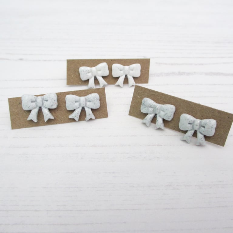 White Glitter bow earrings, stud or huggie hoops
