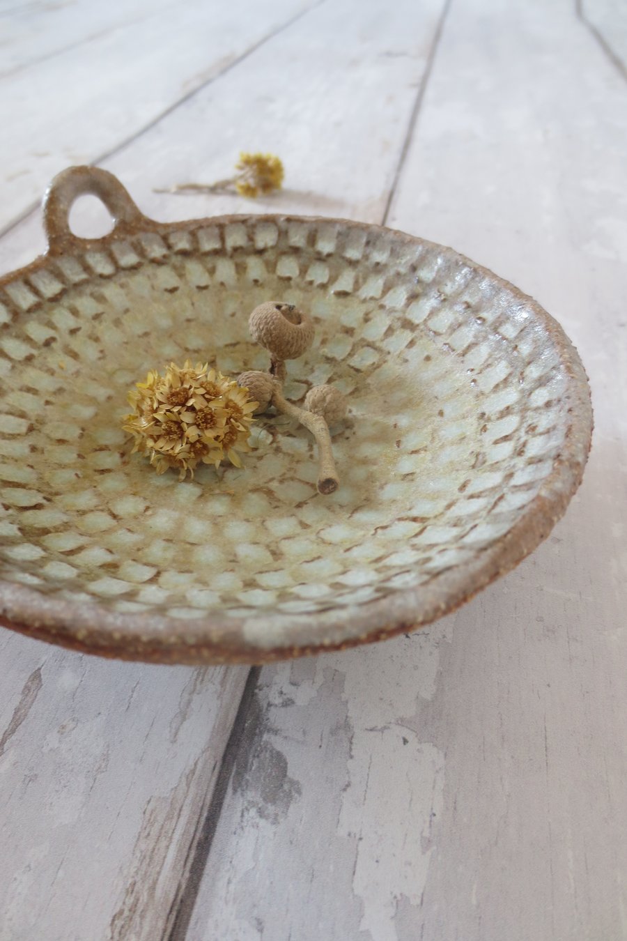 TRINKET DISH hand-built stoneware pottery tealight dish in matt white-green