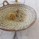 Hand-built stoneware pottery tealight or trinket dish in matt white-green