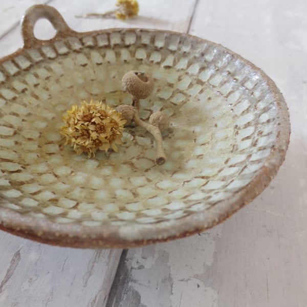 Hand-built stoneware pottery tealight or trinket dish in matt white-green