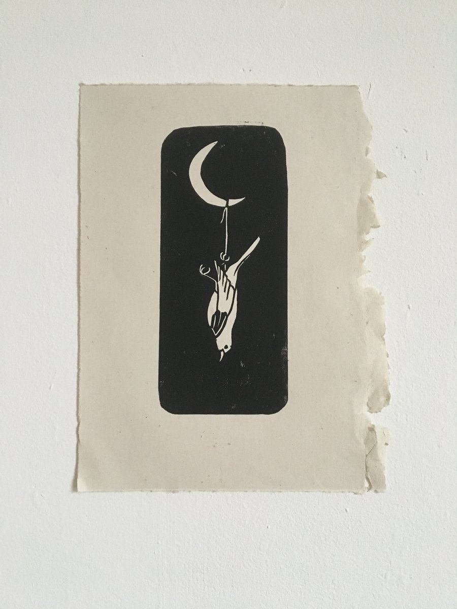 ‘Tether’ linocut print bird and moon on handmade paper