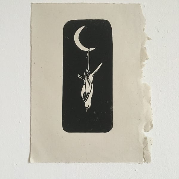 ‘Tether’ linocut print bird and moon on handmade paper