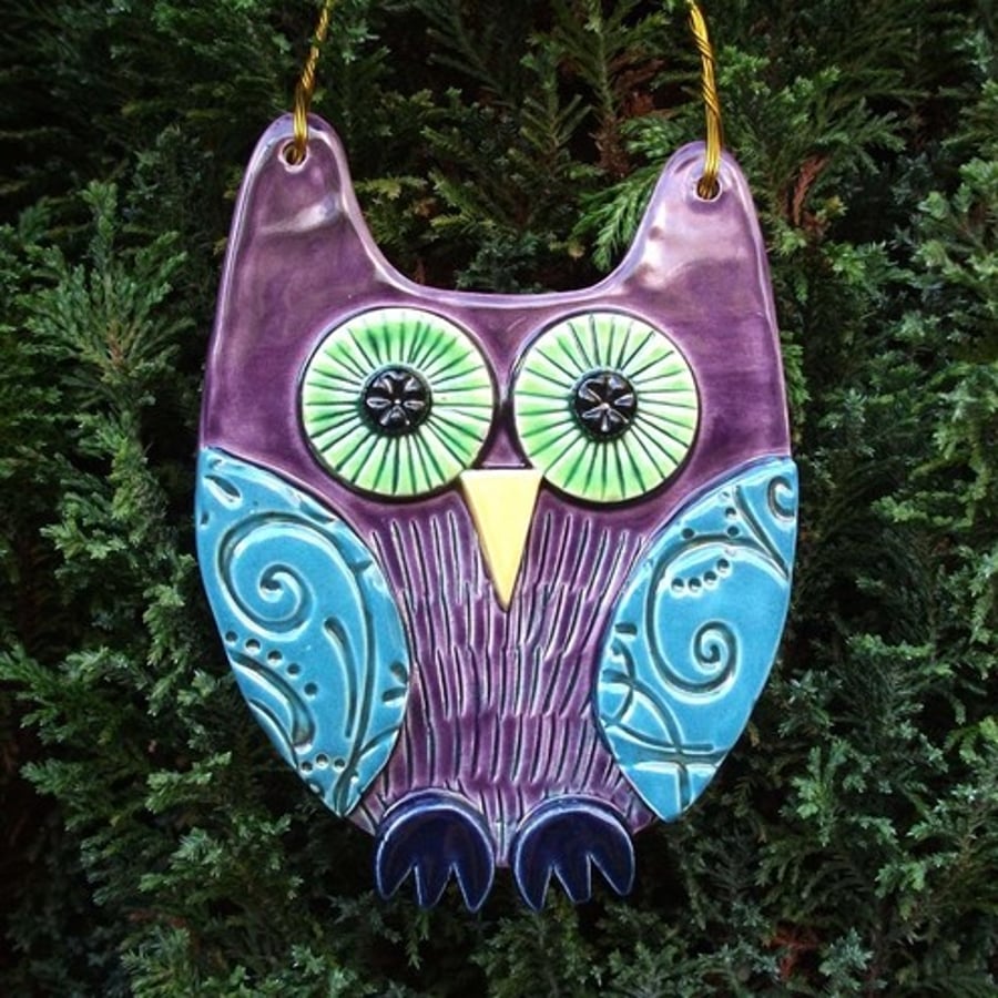 Ceramic owl hanging decoration Purple