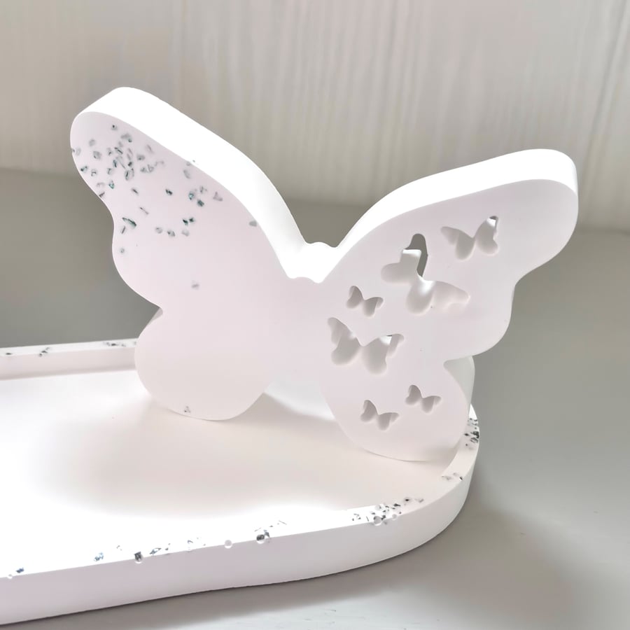 Large white Freestanding Butterfly Ornament with Turquoise Glass chips