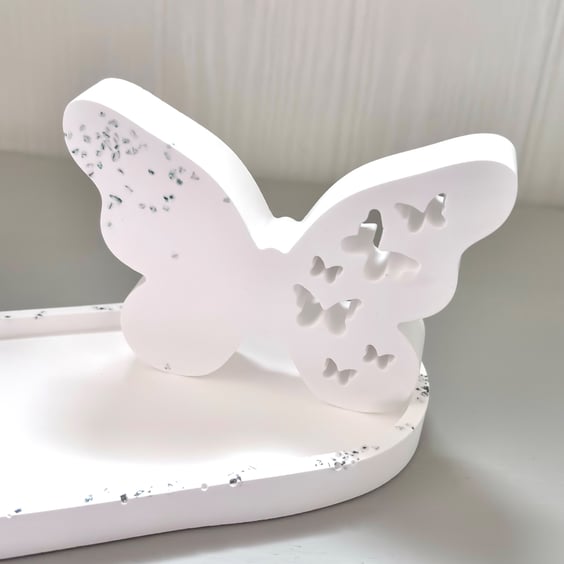 Large white Freestanding Butterfly Ornament with Turquoise Glass chips