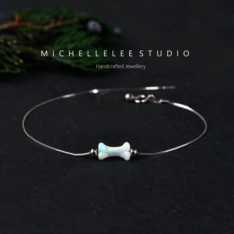 Dog Bone  Chew Toy Opal Bracelet with 925 Sterling Silver Chain