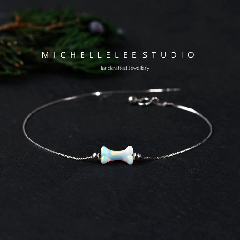 Dog Bone  Chew Toy Opal Bracelet with 925 Sterling Silver Chain