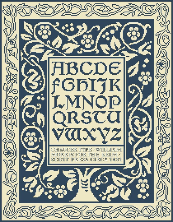 290B Cross Stitch Mono Sampler Kelmscott Chaucer Alphabet by William Morris
