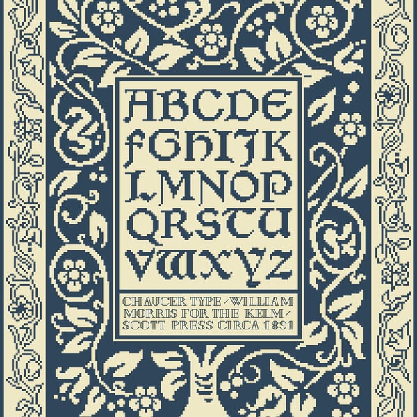 290B Cross Stitch Mono Sampler Kelmscott Chaucer Alphabet by William Morris