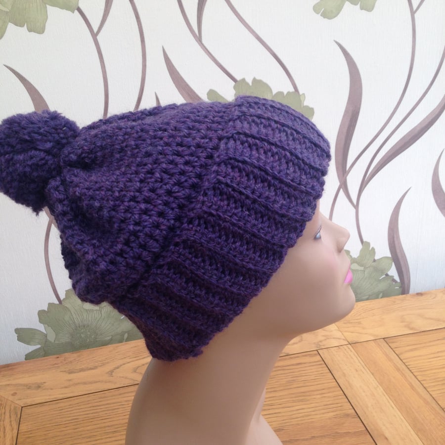Crochet Bobble Hat Beanie in Pompom Design in Purple - Made to Order 